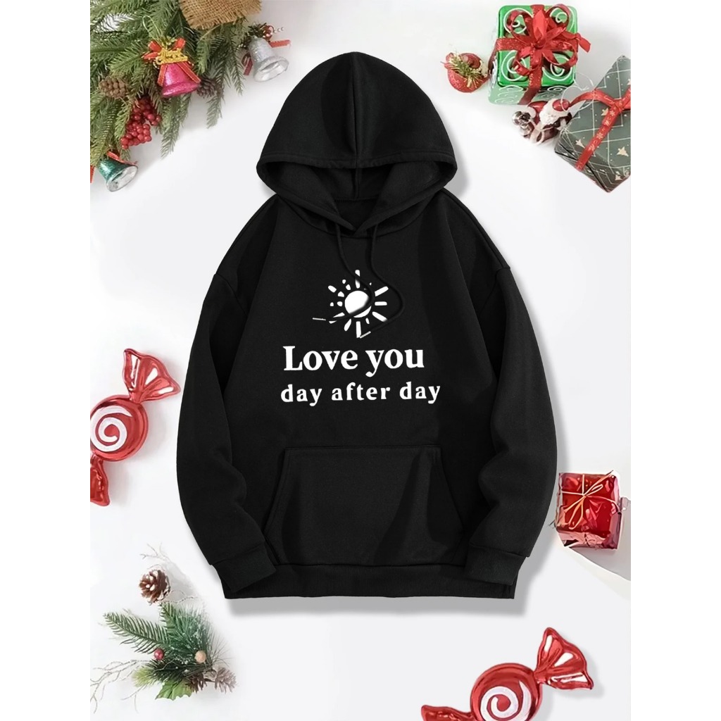 Moletom Casual Unisex com Capuz Preto - Estampa "Sun & Love You Day After Day" Poliéster, Confortável e Quente com Bolso