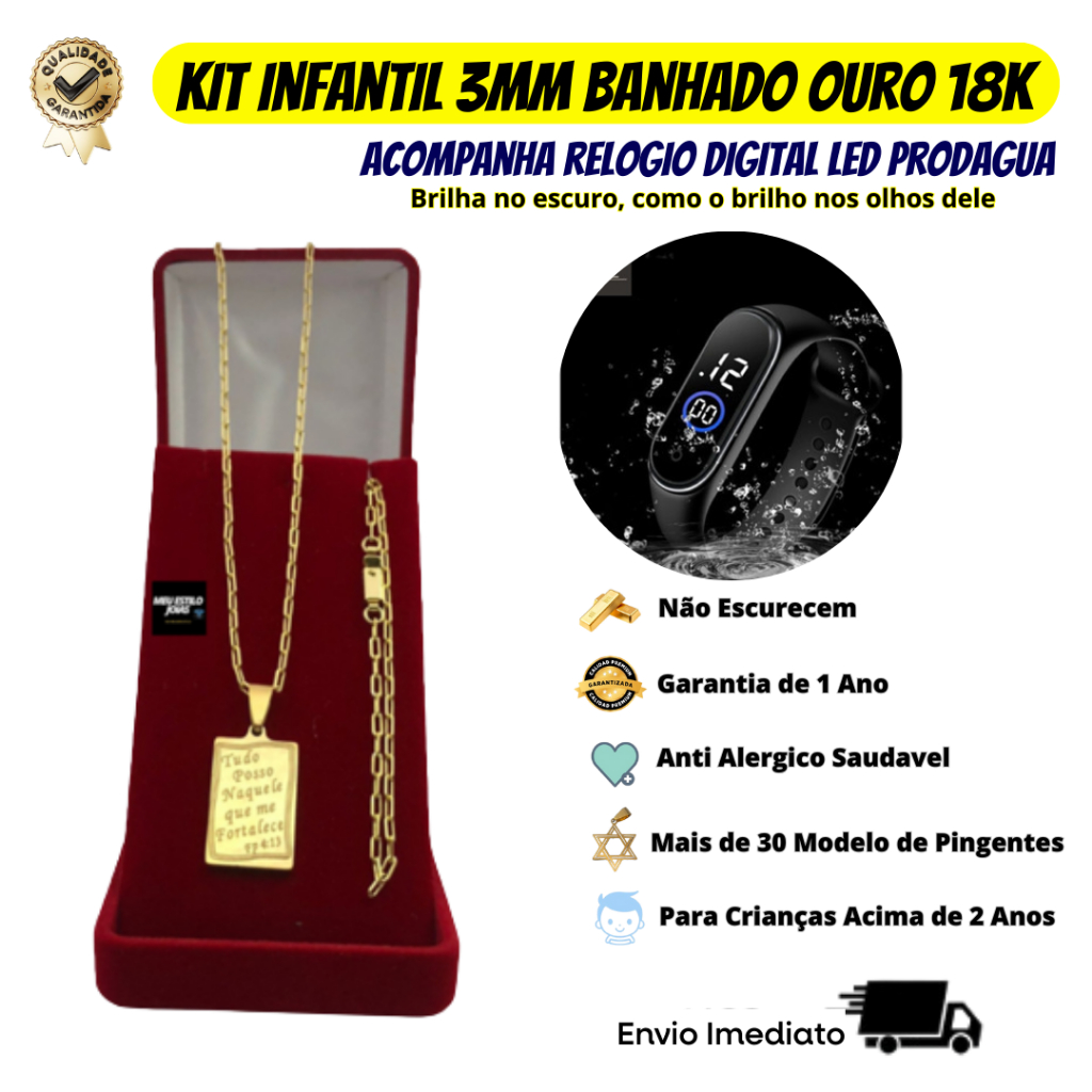 Corrente Infantil Masculina Colar 3mm + Pingente Banhado a Ouro 18K, Pulseira e Relógio Digital Unissex à Prova D’Água