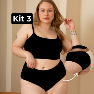 KIT 3 Conjunto Plus Size Top Alcinha e Calcinha Cintura Alta Suede Canelado em Oferta na Shopee