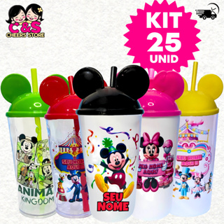 Kit 25 Copos Personalizado (DISNEY MICKEY) Com Tampa Orelha e Canudo 500 ML em Oferta na Shopee