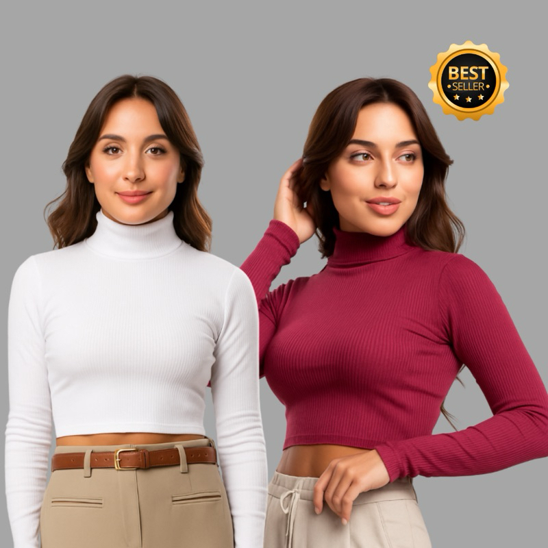 Cropped Manga Longa Gola Alta Canelado Tendencia Gringa Inverno