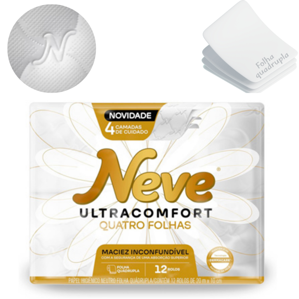 Papel Higiênico Neve Ultracomfort Folha Quadrupla 4 camadas 12 Rolos 20 Metros