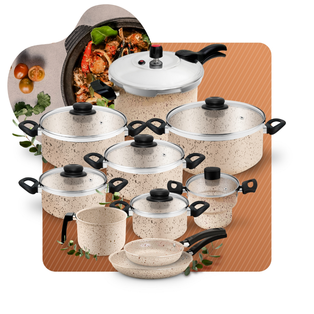 Conjunto de Panela Resistente Antiaderente Baunilha com Panela de Pressão 4,5l + Frigideiras 10p