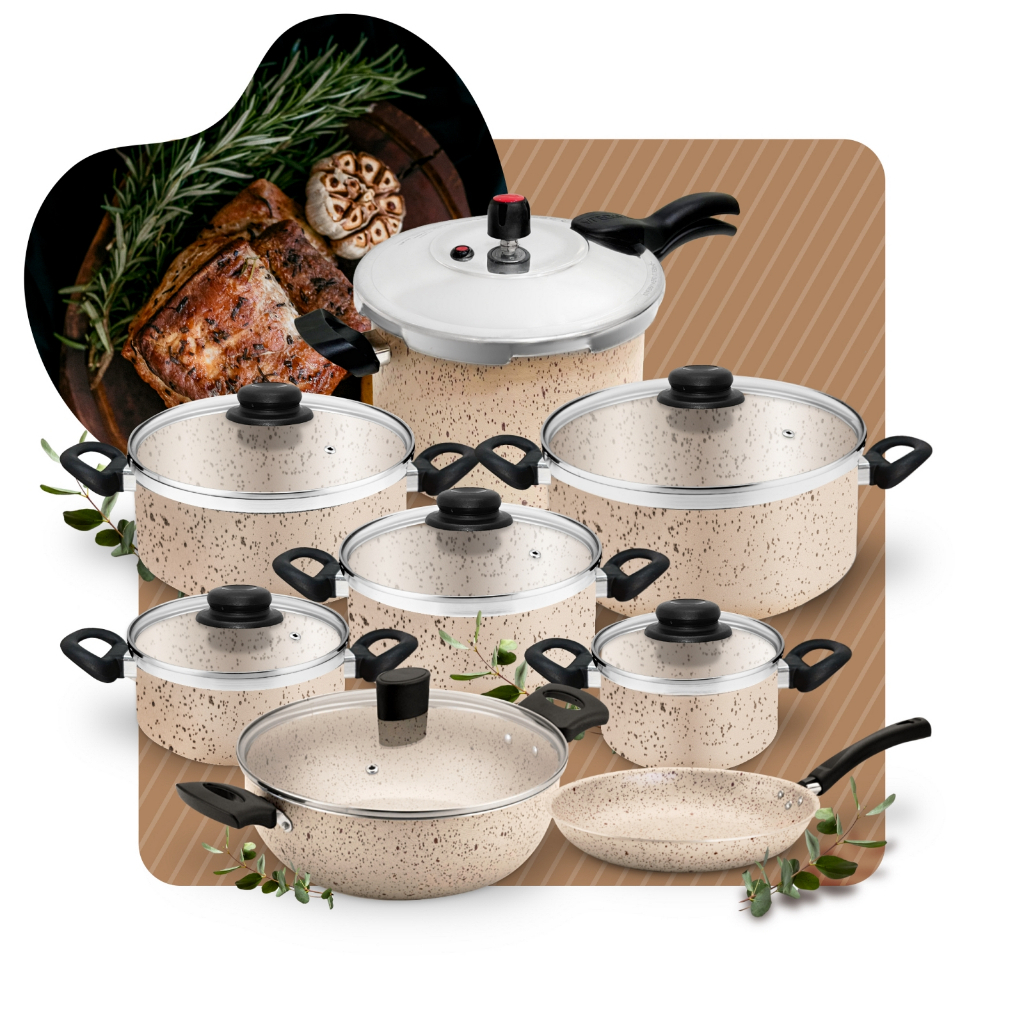 Conjunto de Panela Antiaderente Vanilla Bege com Panela de Pressão 4,5l + Panela Wok Gourmet 8pc