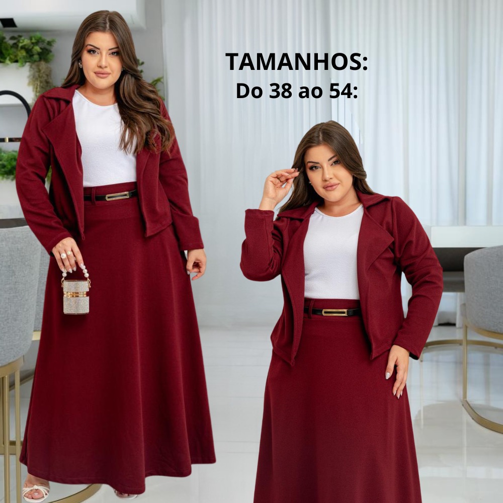 Conjunto Blazer Feminino 4 Peças + Cinto Manga Longa Crepe Moda Evangelica Social Congress...