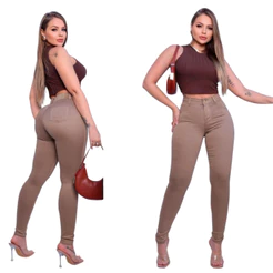 Calça Bege Escura Feminina em Sarja Cintura Alta Com Elastano Empina BumBum