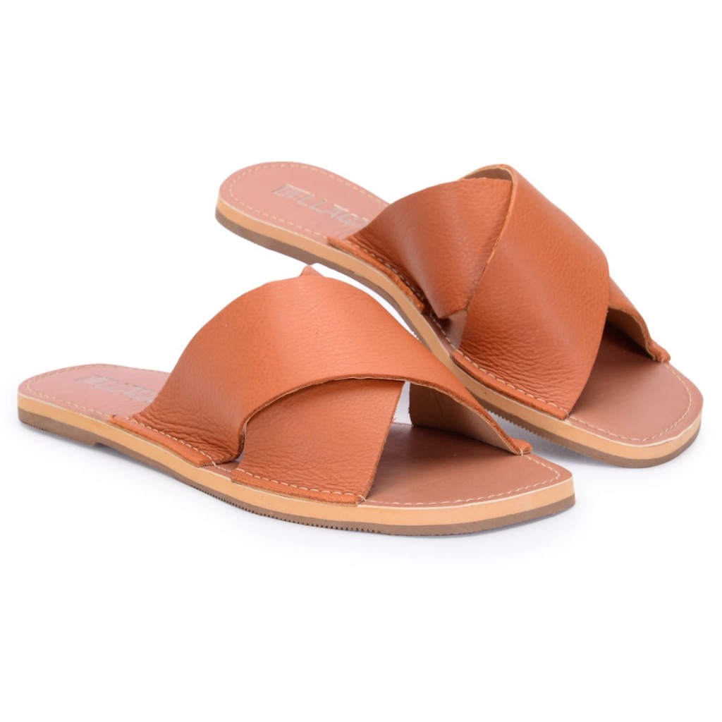 Rasteira Feminina Casual em Couro Legítimo - Sandália Slide Cruzada em X Laranja Confortável