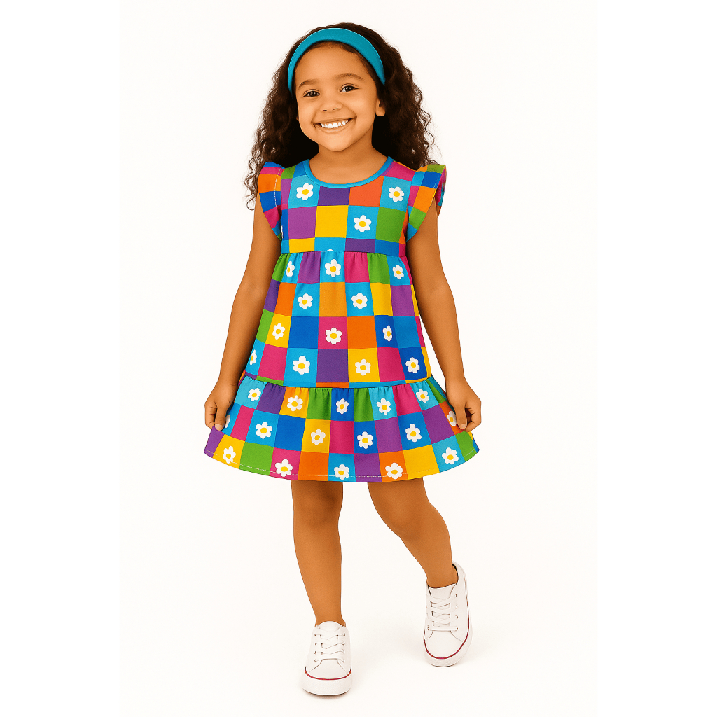 Vestido Infantil Feminino Crepe Santorini Roupa Menina Verão Estampado Leve Soltinho