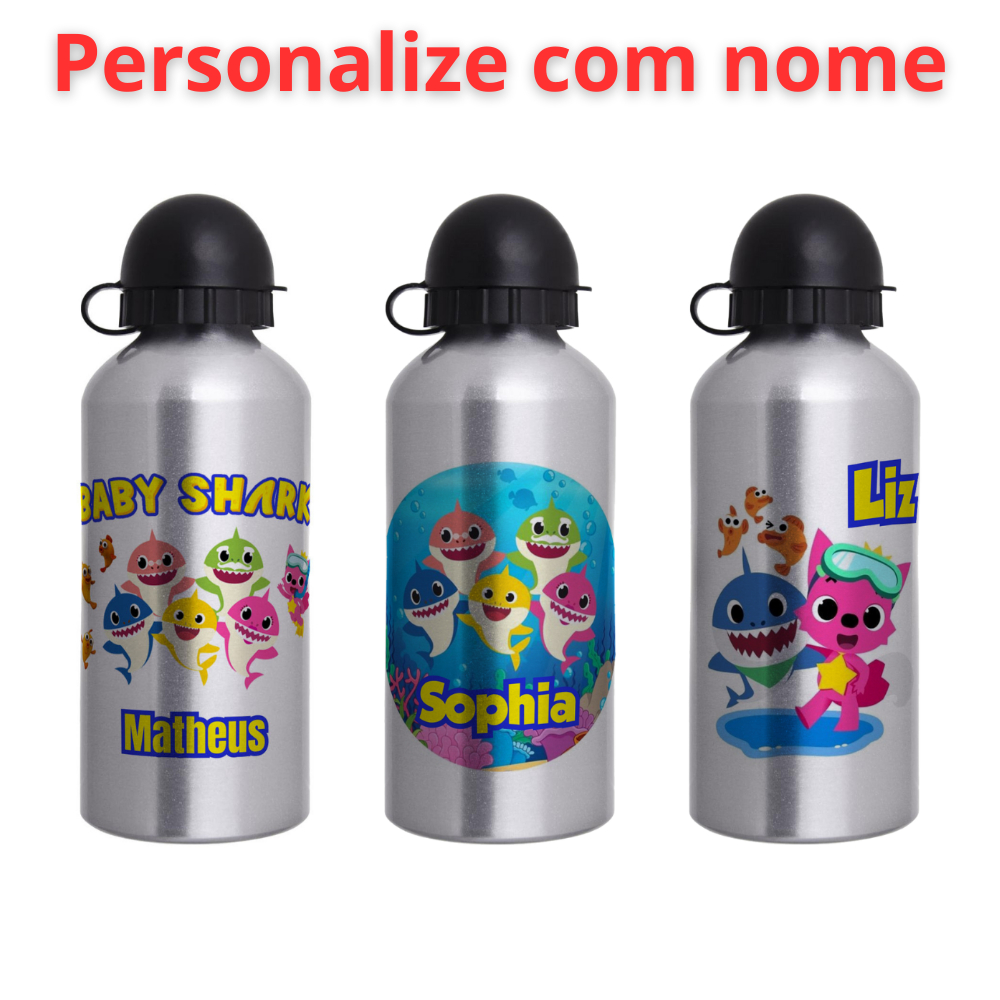 Garrafa Squeeze Infantil de alumínio  com 500ml  - Personalizada com nome - Baby Shark em Oferta na Shopee