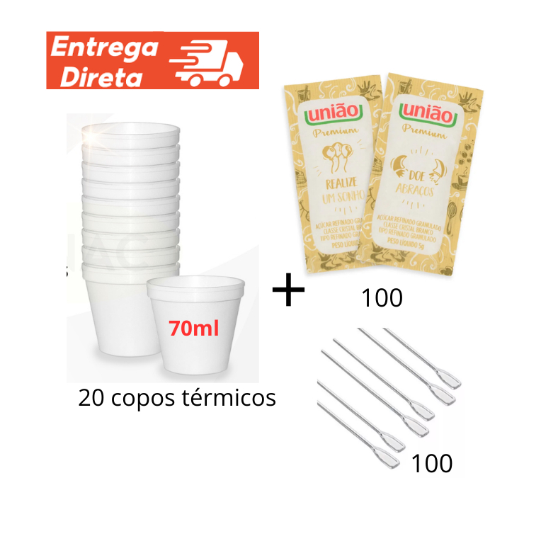 Kit c/ 100 sachês de açúcar União Premium + 100 mexedores descartáveis + 20 copos térmicos de 70ml em Oferta na Shopee