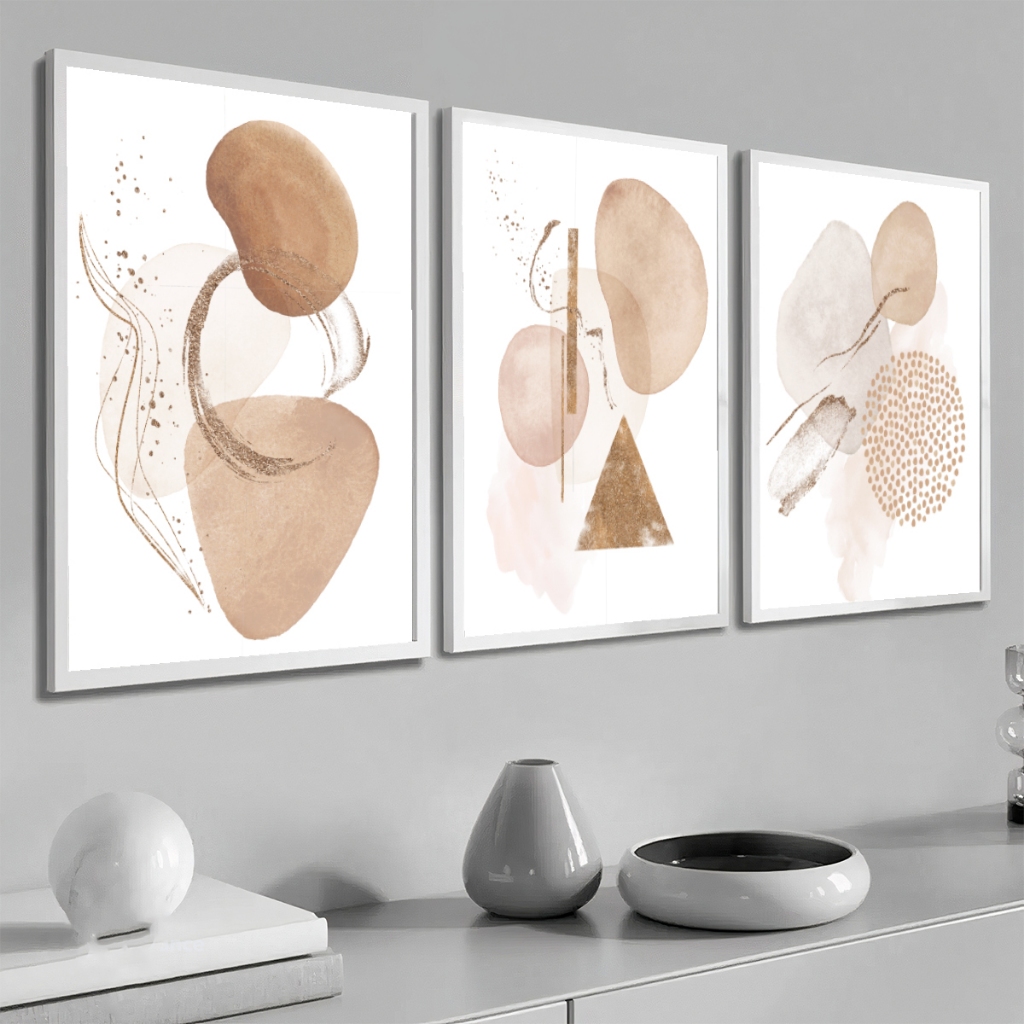 Trio Quadros Decorativos Abstrato Moderno 40X60 Com Moldura Vidro Para Sala Quarto