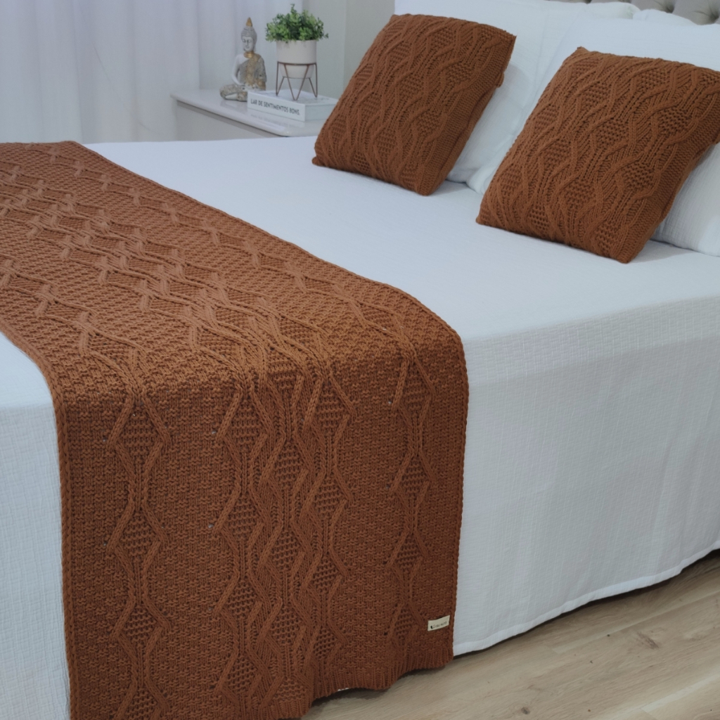 Peseira Manta Tricô Cama Casal Queen Sofá Sala 230x60cm +2 Capa de Almofada 45x45cm G02