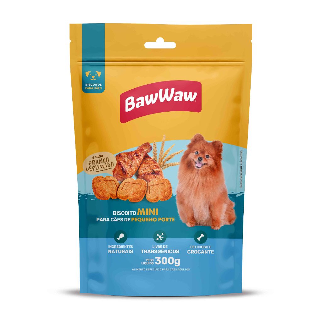 Baw Waw biscoito petisco snack sabor frango defumado p/ cães adultos mini e pequeno porte 300g