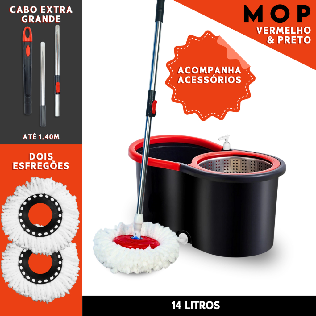 Mop Giratorio C/2 Refil Com cabo de 140 cm Cesto Em Inox - Balde Centrífuga | AV
