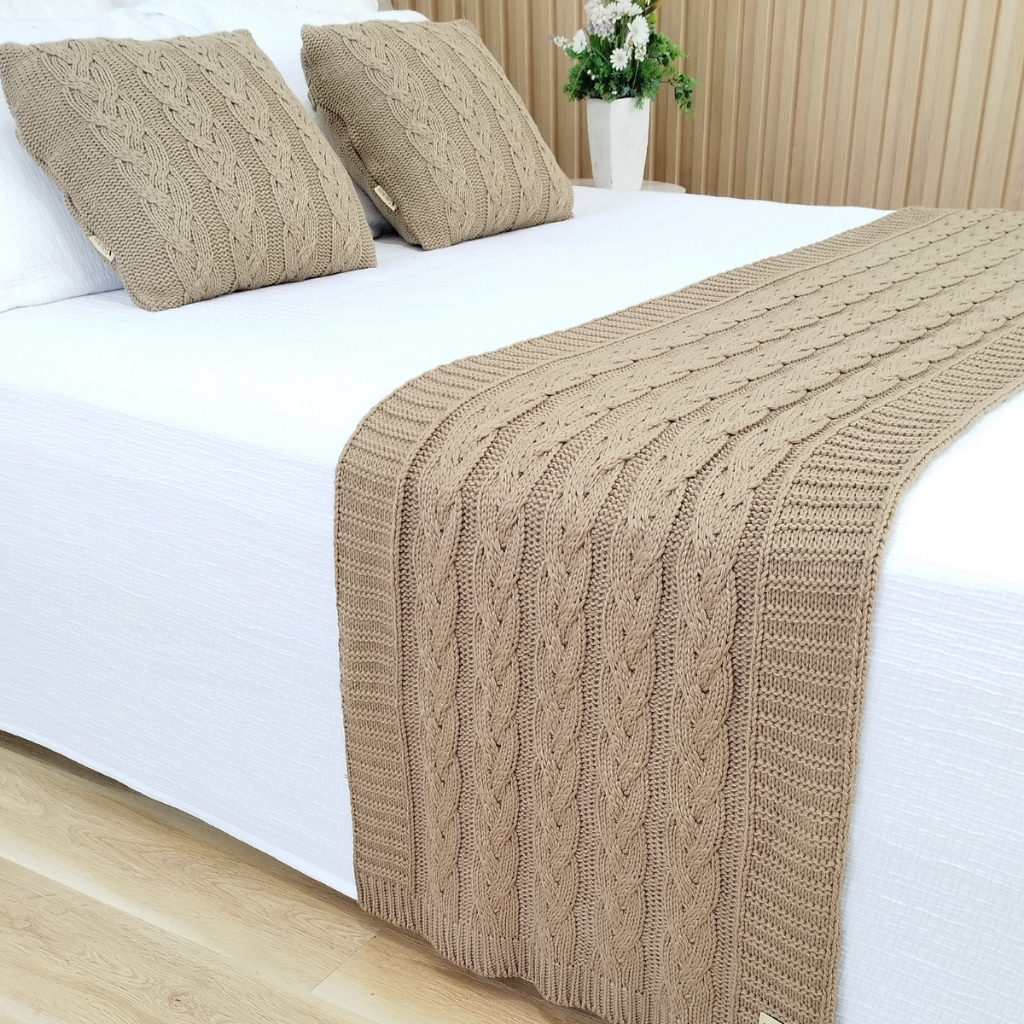 Peseira Manta Tricô Trança Cama Casal Queen Sofá Sala 230x60cm +2 Capa de Almofada 45x45cm V02