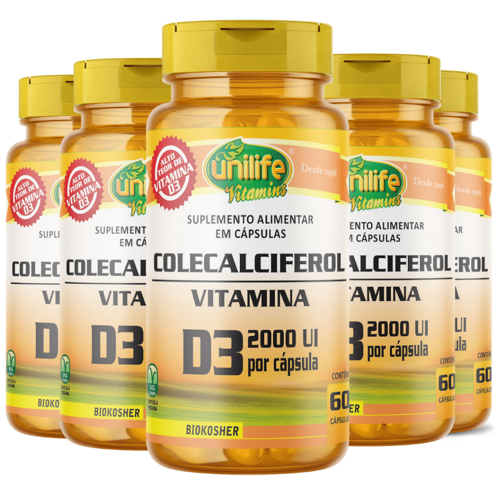 KIT C/5 Un Vitamina D3 2000 Ui Colecalciferol 470mg 300 Capsulas - Unilife