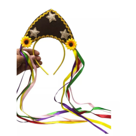 Tiara Arco Maria Bonita com Estrelas, Girassol e Fitas Coloridas - Festa Junina