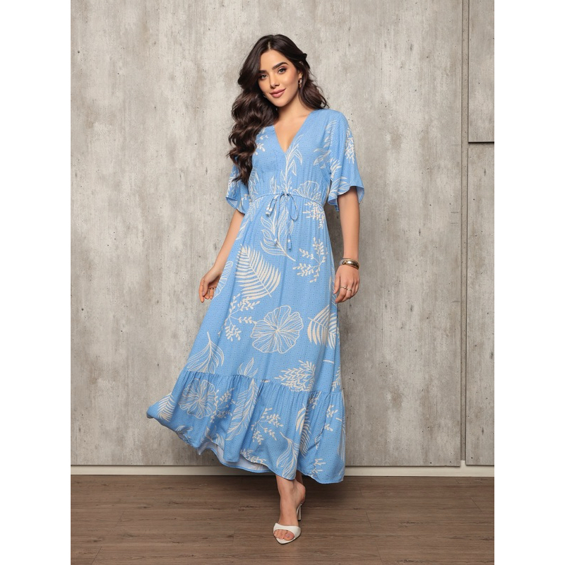 Vestido Longo Feminino Estampado Florido em Tecido Viscolinho Elegante e Confortável