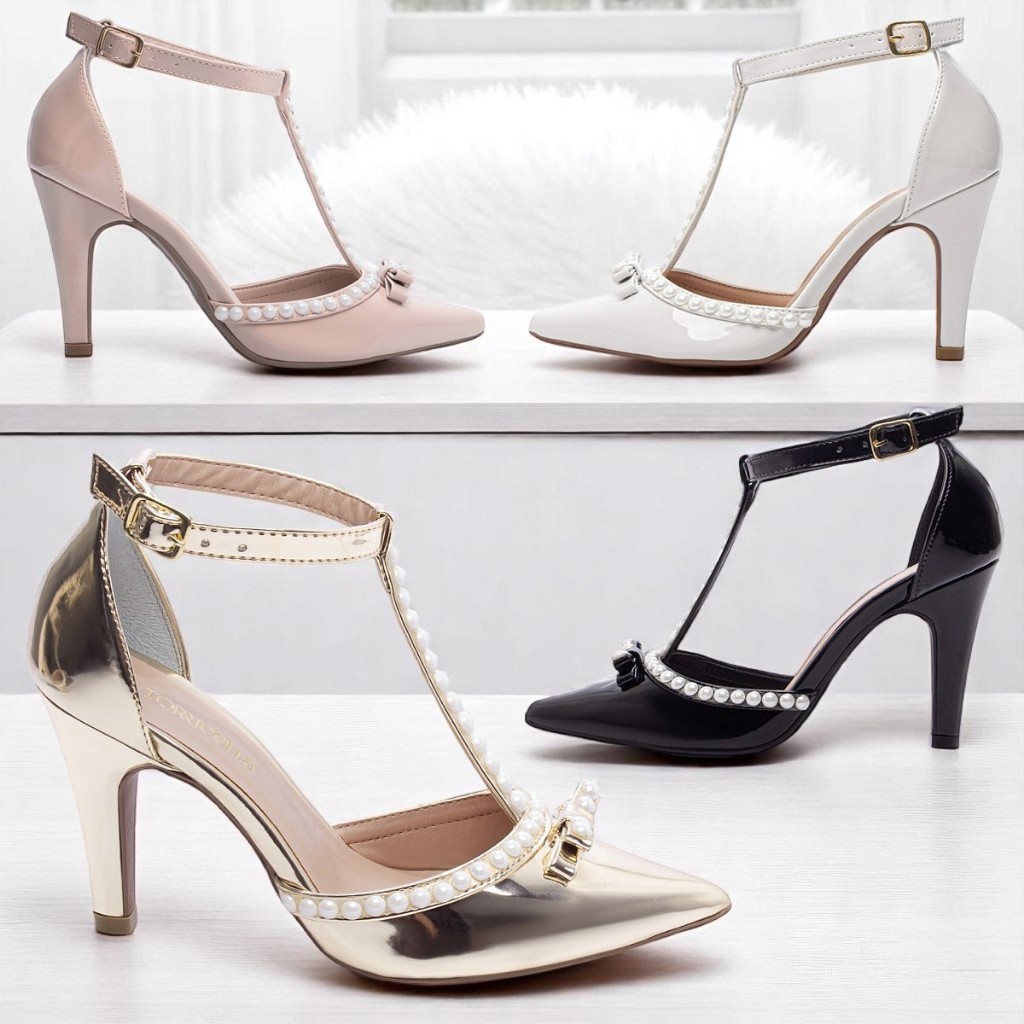 Scarpin Salto Alto Luxo Pérolas Elegante Social Festa Sapato Bico Fino Calçado Feminino Torricella