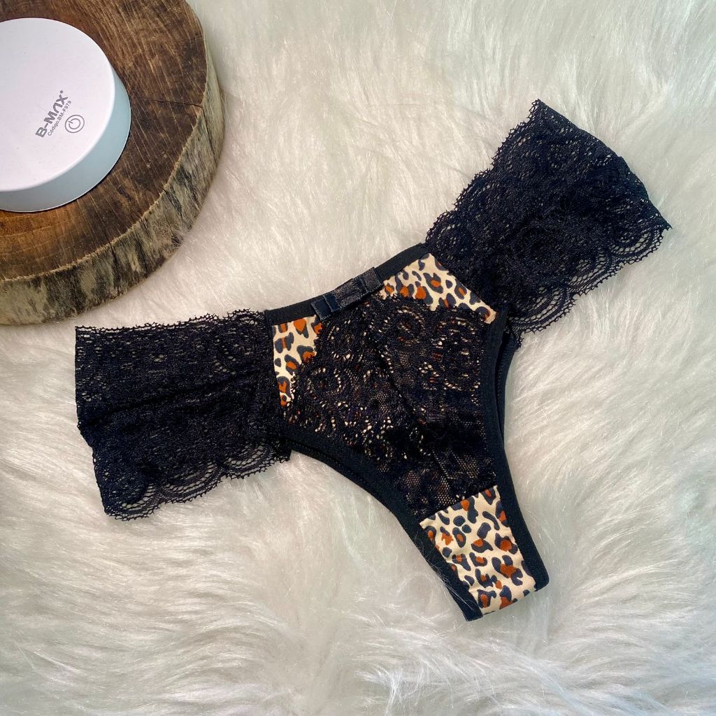 Kit 3 Calcinhas Animal Print Detalhes de Renda Onça Safari Lateral em Renda Sexy Feminina