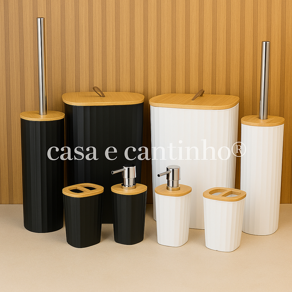 Kit para Banheiro Bambu Plástico Porta Sabonete Escova de Vaso Lixeira Conjunto Preto Bran...
