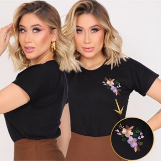 T-Shirt Feminina Bordada Camiseta de Algodão Gola Redonda Estilosa em Oferta na Shopee