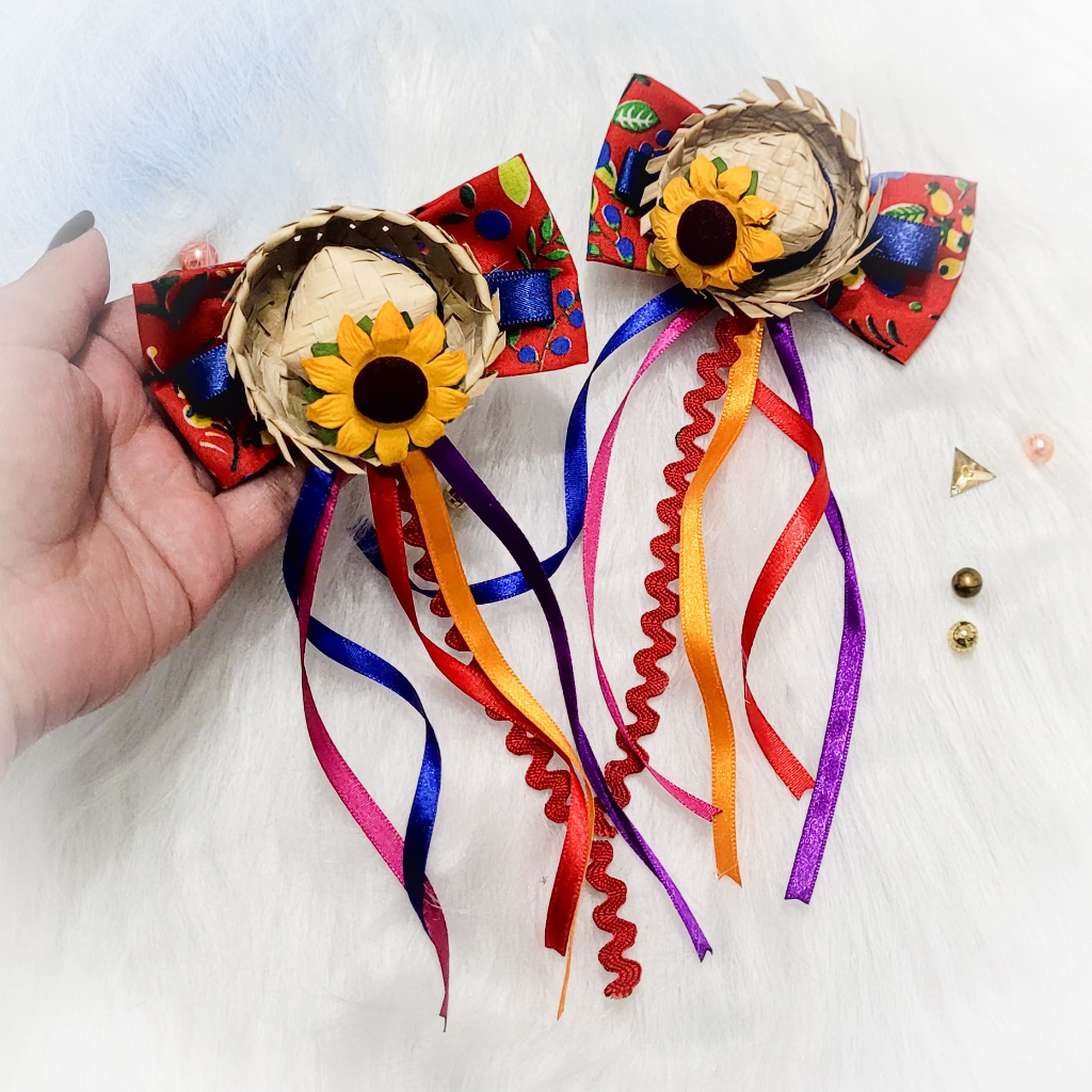 Presilha de Cabelo Laço Junino com Chita Floral Vermelha / Festa Junina / Acessório / Fantasia / Caipirinha / Feminino