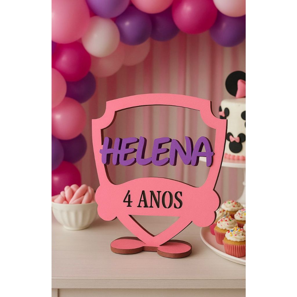 Centro de Mesa Patrulha Canina Personalizado Nome e Idade Tema Patrulha Canina Rosa