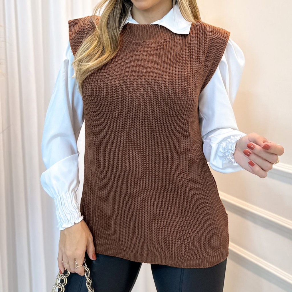 Colete Feminino Tricot Fang Outono Inverno Tricô Pullover Moda Blogueira Colete Tricot