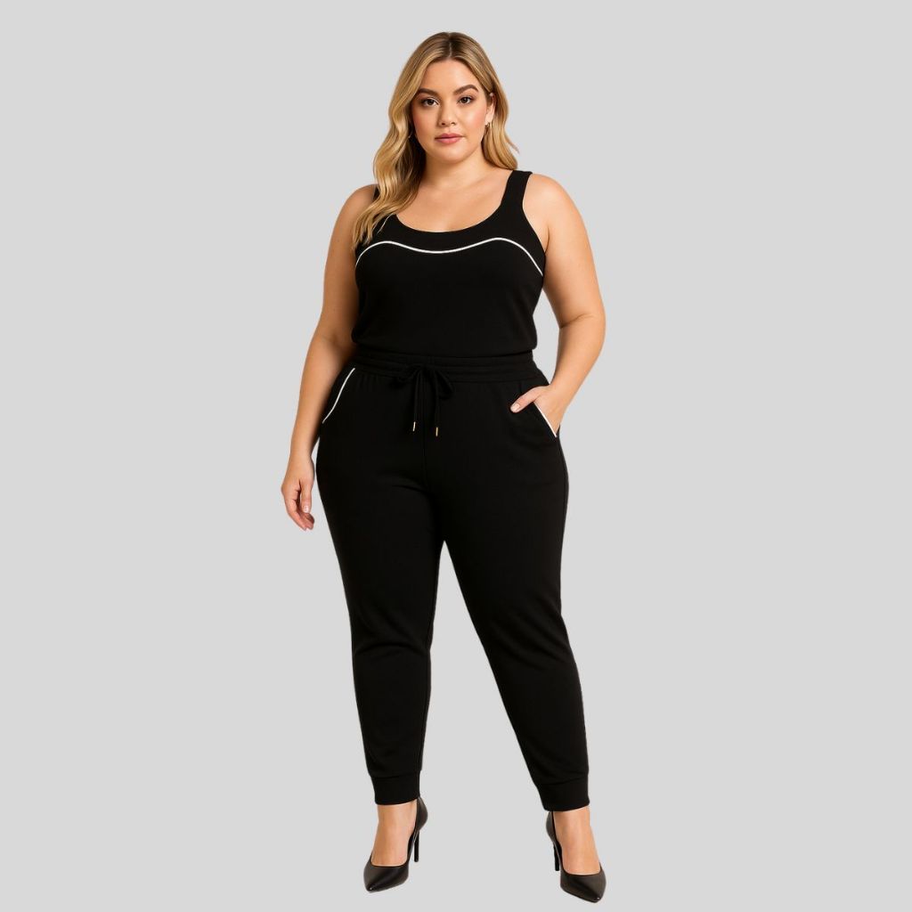 Conjunto Blusa e Calça Plus Size Feminino. Conjunto Plus Size Feminino no Crepe de Malha com Regata.