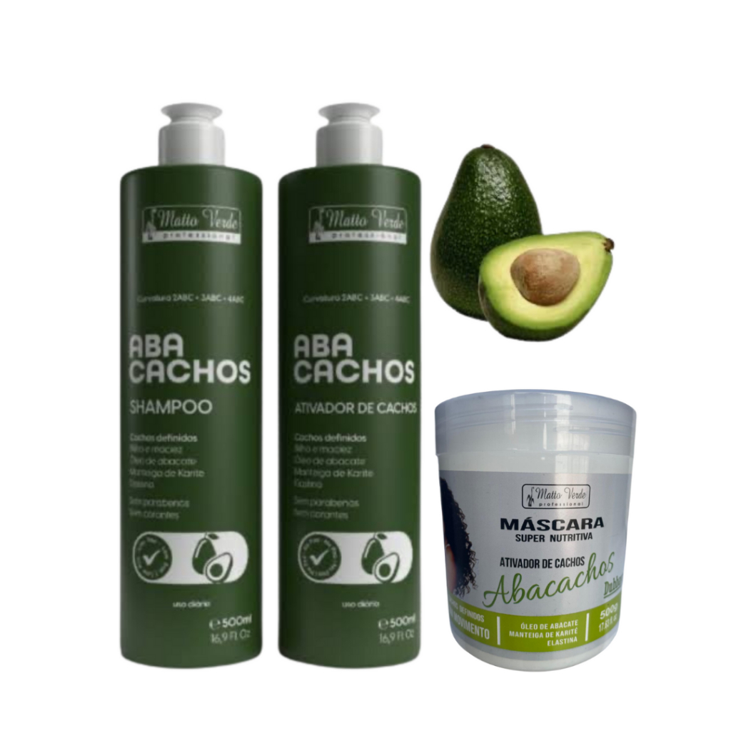 Kit Matto Verde Abacachos – Shampoo + Máscara + Ativador de Cachos (3x500ml)