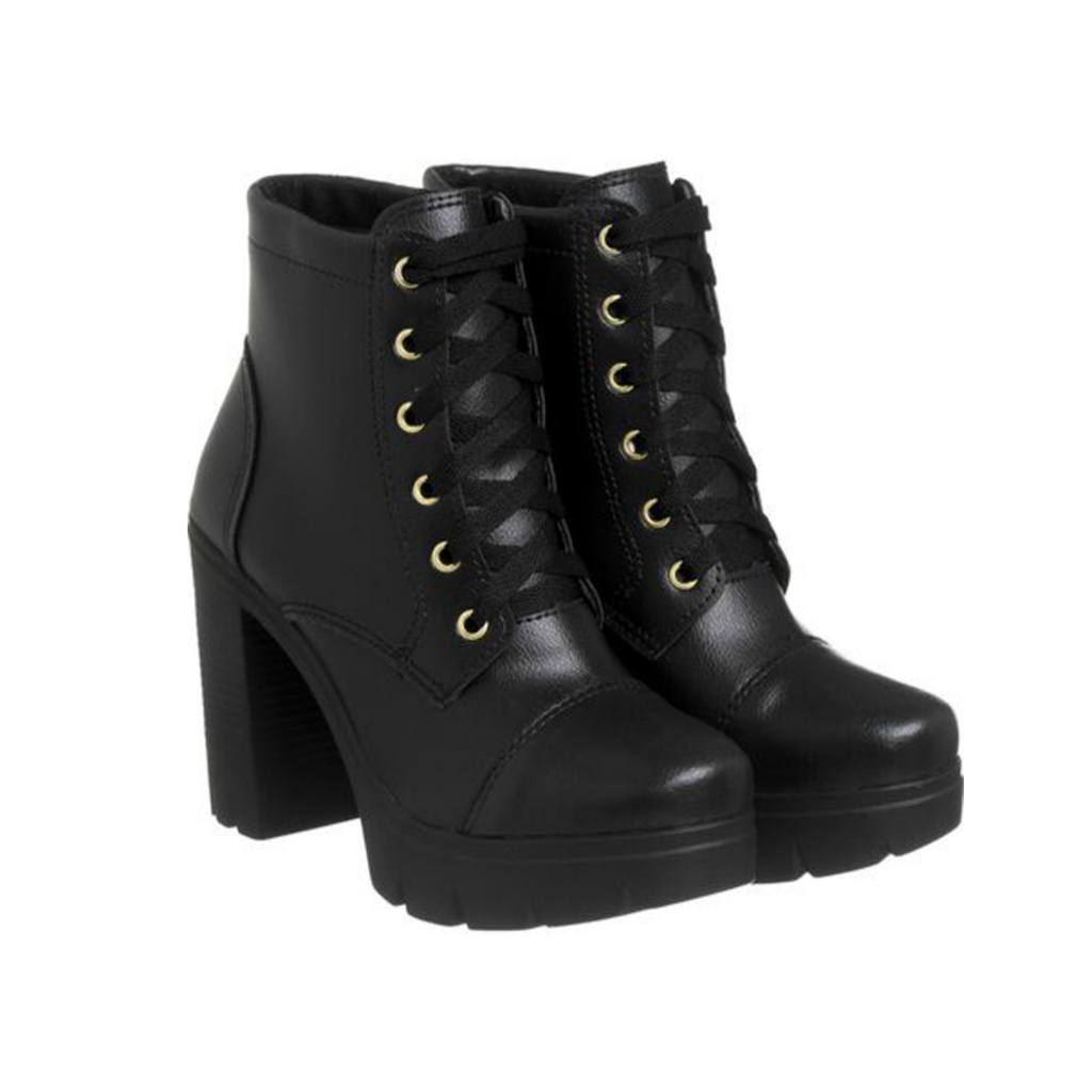 Bota Coturno Luranto Feminina Preto Salto Alto Tratorado Confortável Casual e Moderna