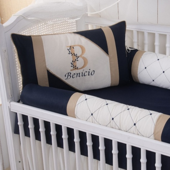 KIT PARA BERÇO BEBÊ MODELO THEO PALHA COM MARINHO - PERSONALIZAMOS O NOME DO SEU BEBÊ - COM SAIA em Oferta na Shopee