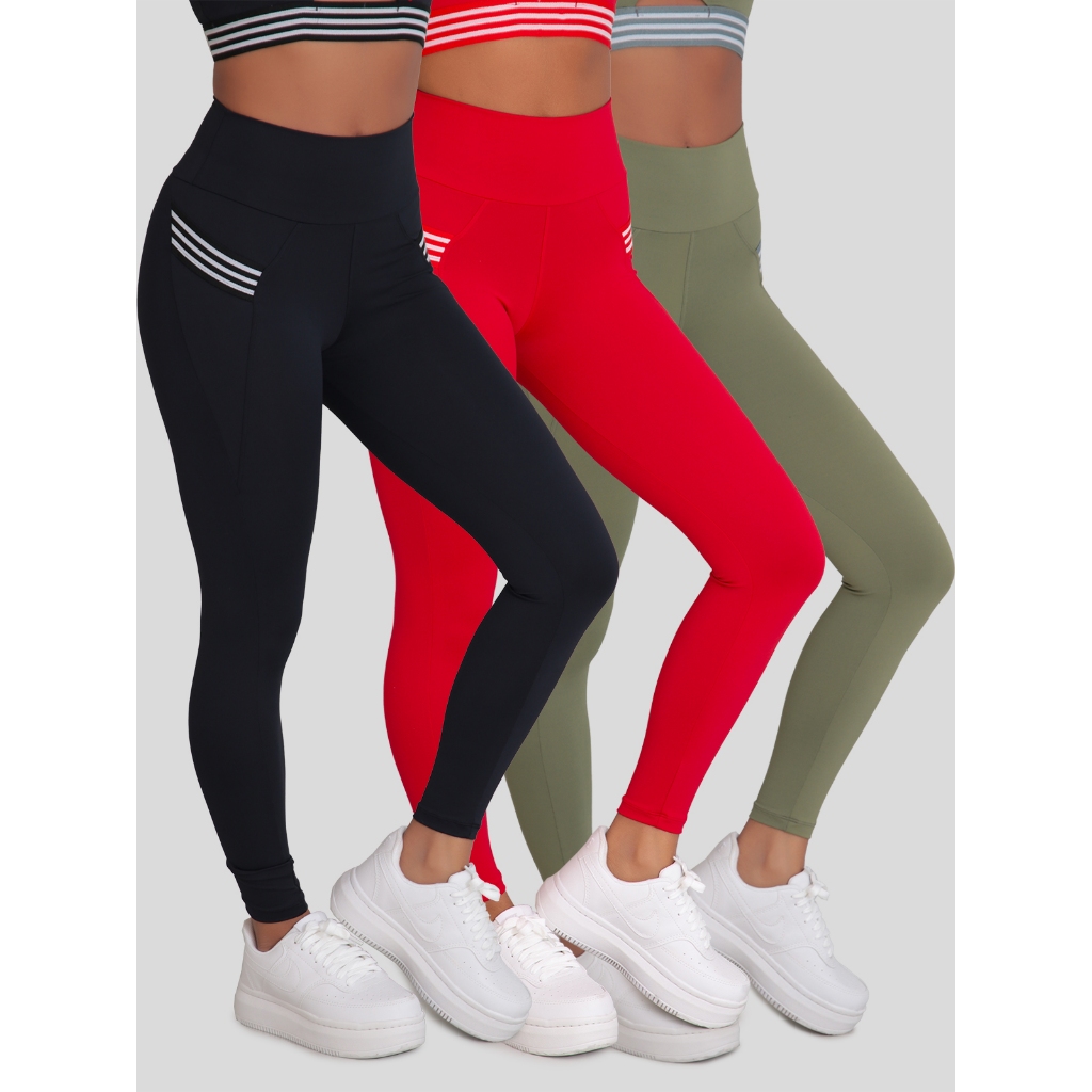KIT 3 Leggings Feminina Poliamida Cintura Alta Bolsos Moda Fitness Erika em Oferta na Shopee