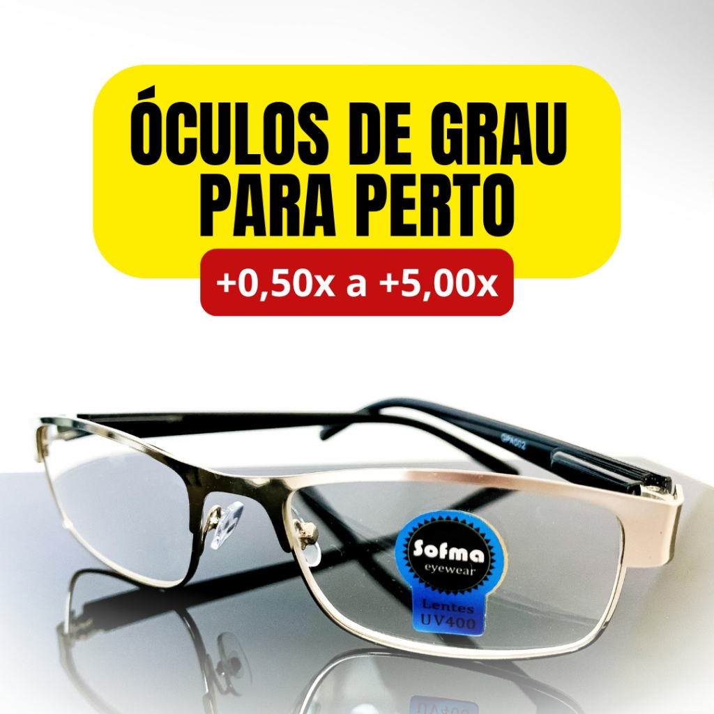 Óculos de Leitura Metálico Retangular Prata com Lente de Grau +0.50 até +5.00 Óculos Pronto para Vista Cansada Leitura