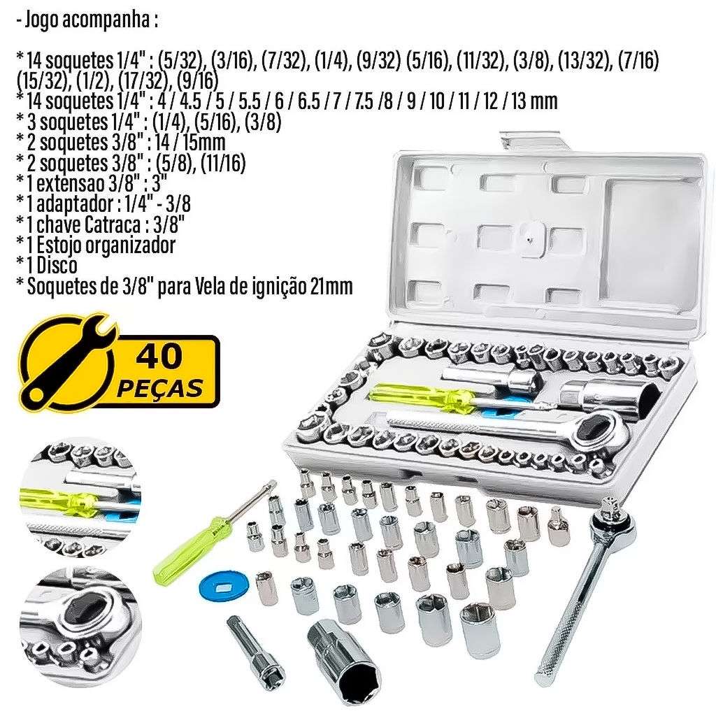 Kit Jogo De Ferramentas 46 Pçs Com Chave De Vela + Chaves Combinada Soquetes Aço Carbono Resistente - Home & Living