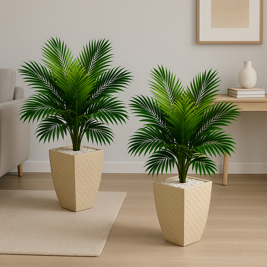 Kit Enfeite Decorativo Sala 2 Plantas Palmeira Artificial Com Vaso Kit Decoração Enfeite