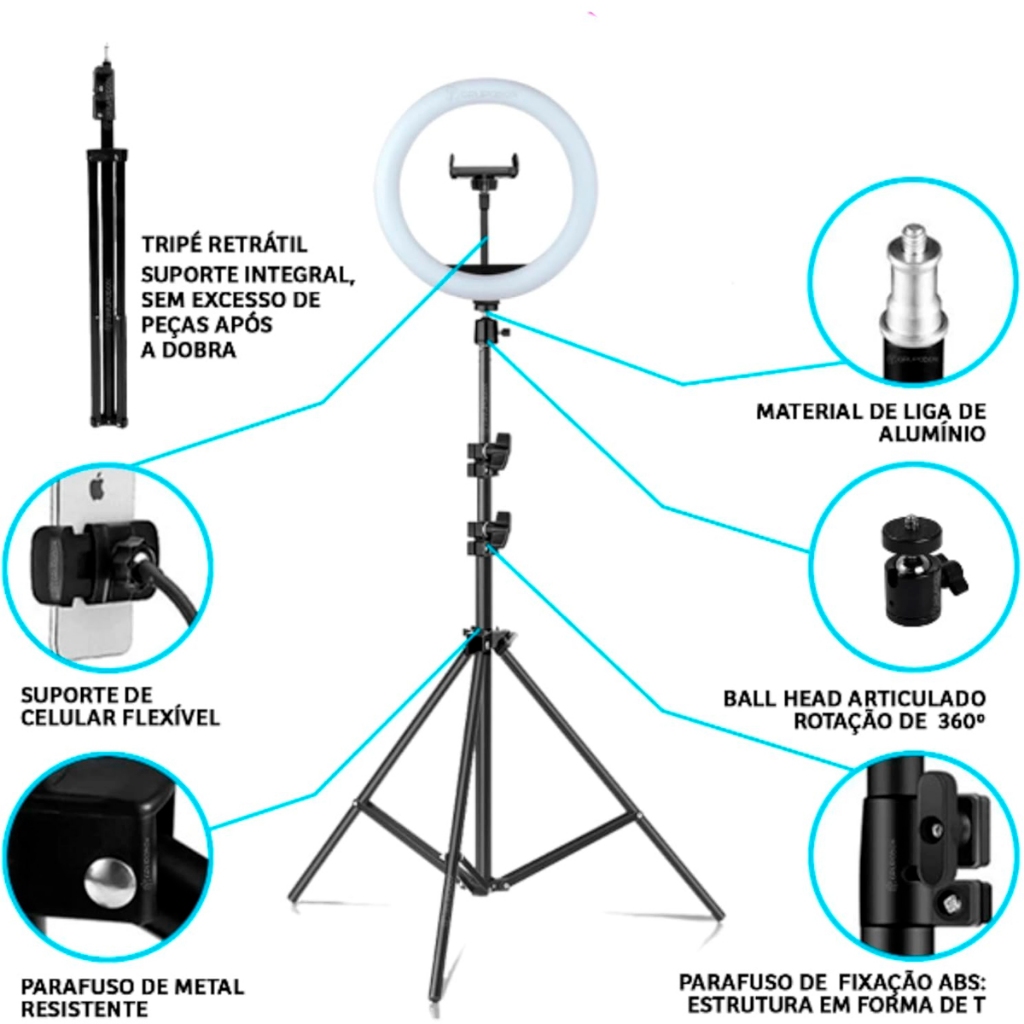 Ring Light Led Iluminador 26cm com Tripé 2.10m o mais Completo
