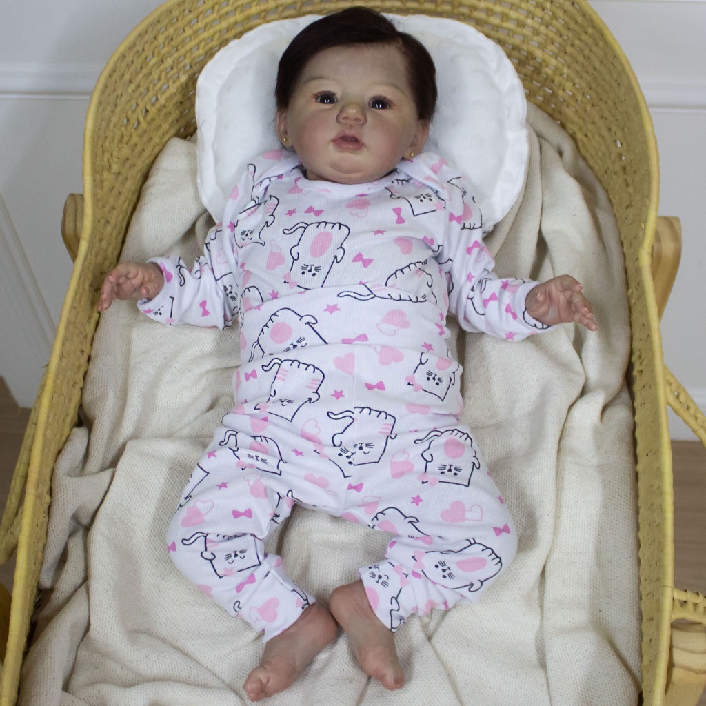 Conjunto Para Bebê Reborn Menina Estampa Gatinha Rosa RN Canelado Fresquinho Body e Calça Fofinho