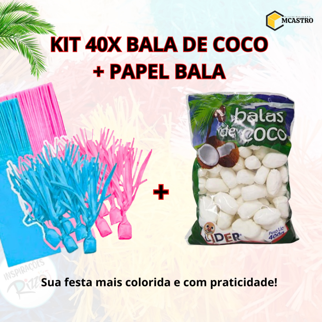 Kit Bala de Coco 400g + Papel Bala de Seda para Franja 48un Selecione a Cor