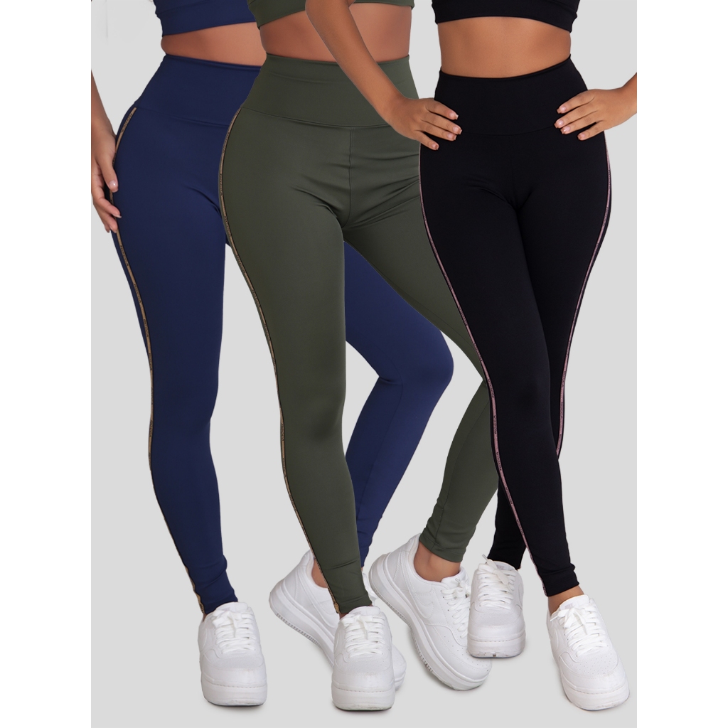 Kit 3 Calças Legging Fitness de Poliamida Academia Manchester