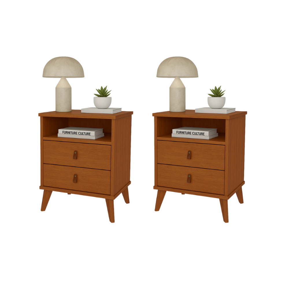 Kit Com 2 Mesas de Cabeceira Para Quarto Roma 2 Gavetas Puxador em Couro Pés Palitos Retrô - Roma- em Oferta na Shopee