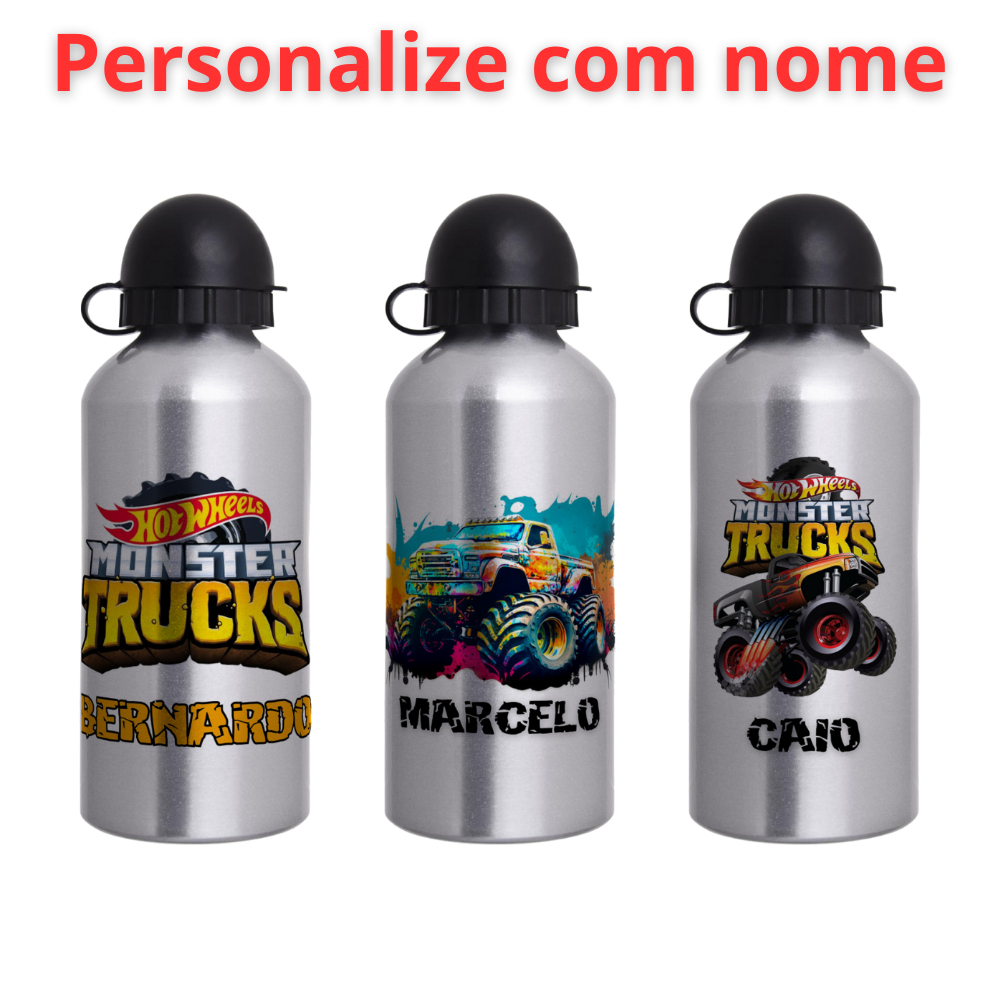 Garrafa Squeeze Infantil de alumínio  com 500ml  - Personalizada com nome - Monster Truck em Oferta na Shopee