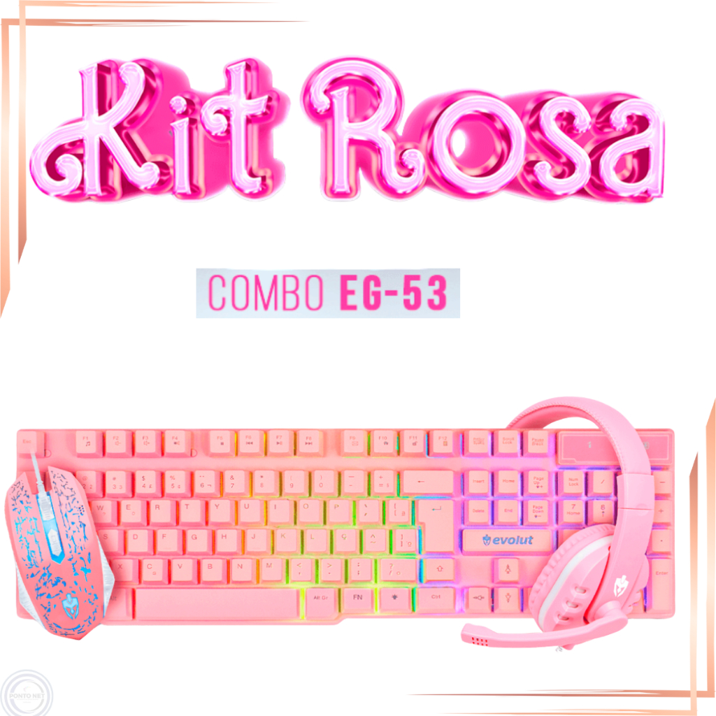 Kit Gamer Eg53 Evolut Teclado Semi Mecânico Mouse Headset Rosa