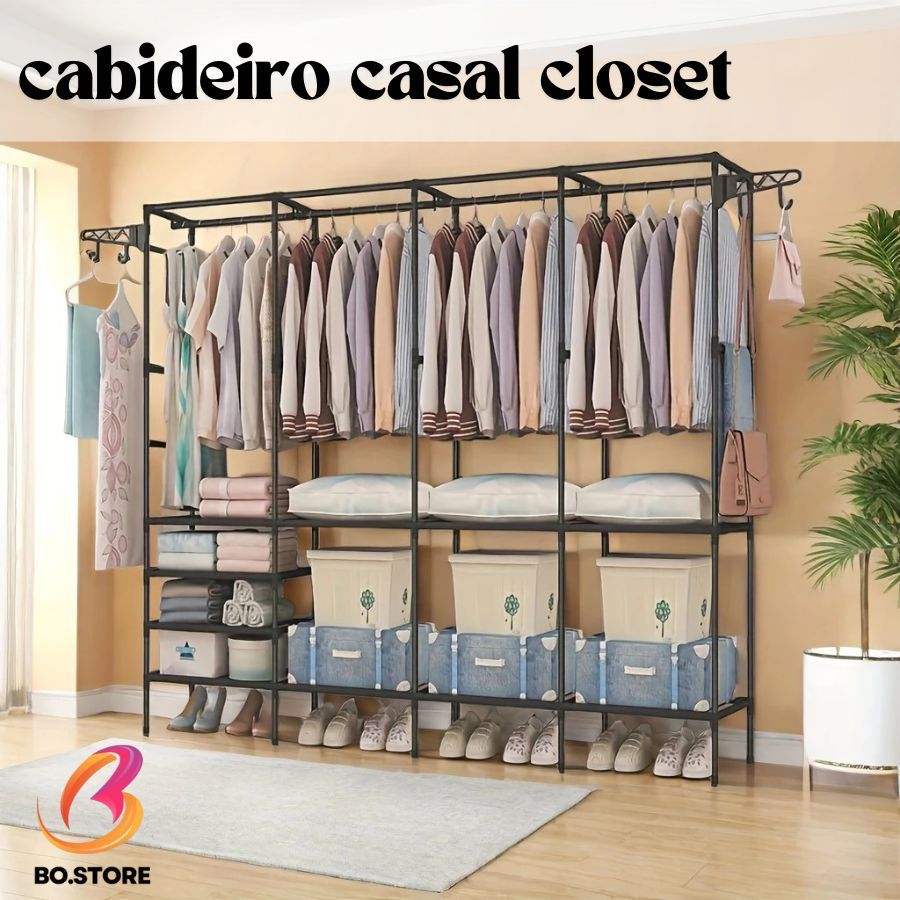 Cabideiro Closet Casal  Arara com Prateleiras Organizador Desmontável de Roupas Solteiro Portátil em Oferta na Shopee