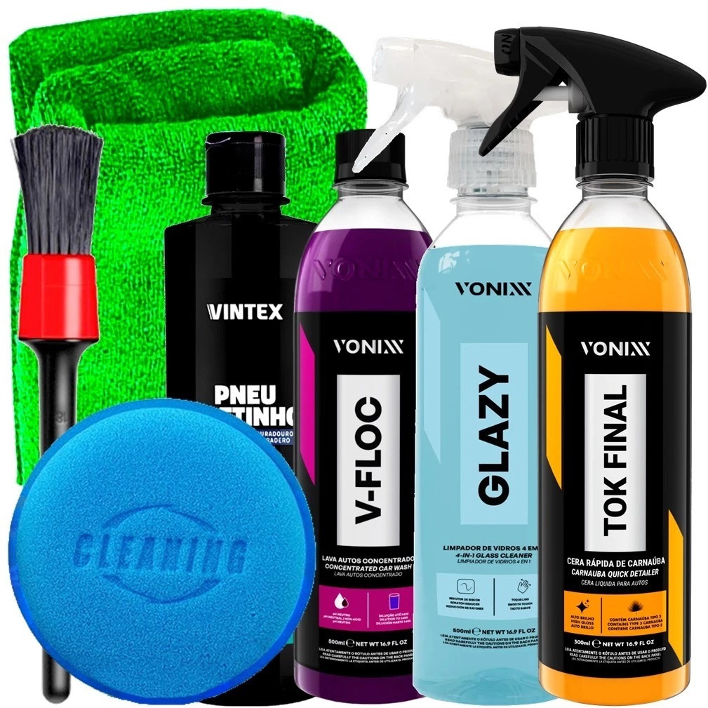 Kit Vonixx Vintex Limpeza Tok Final Glazy V-Floc Pneu Pretinho Pincel Aplicador Toalha Líder