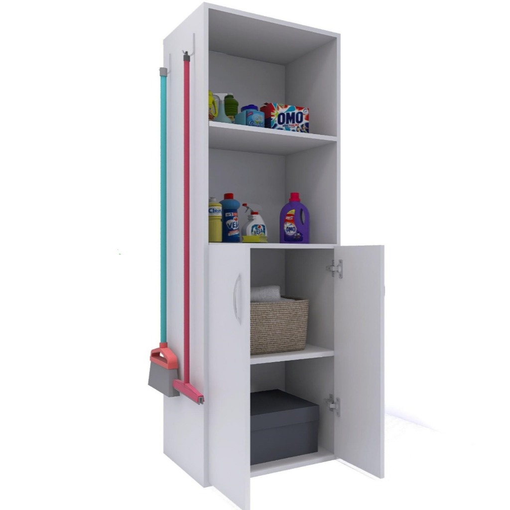 Armário Multiuso 4 Prateleiras 2 Portas Lavanderia Porta Vassoura Nichos Produtos Limpeza Balcão Organizador