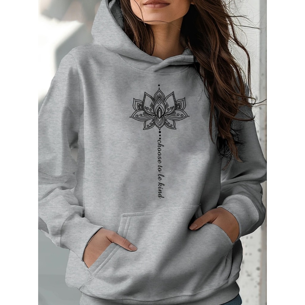 Moletom feminino canguru blusa de frio com capuz flor frase casaco agasalho algodão