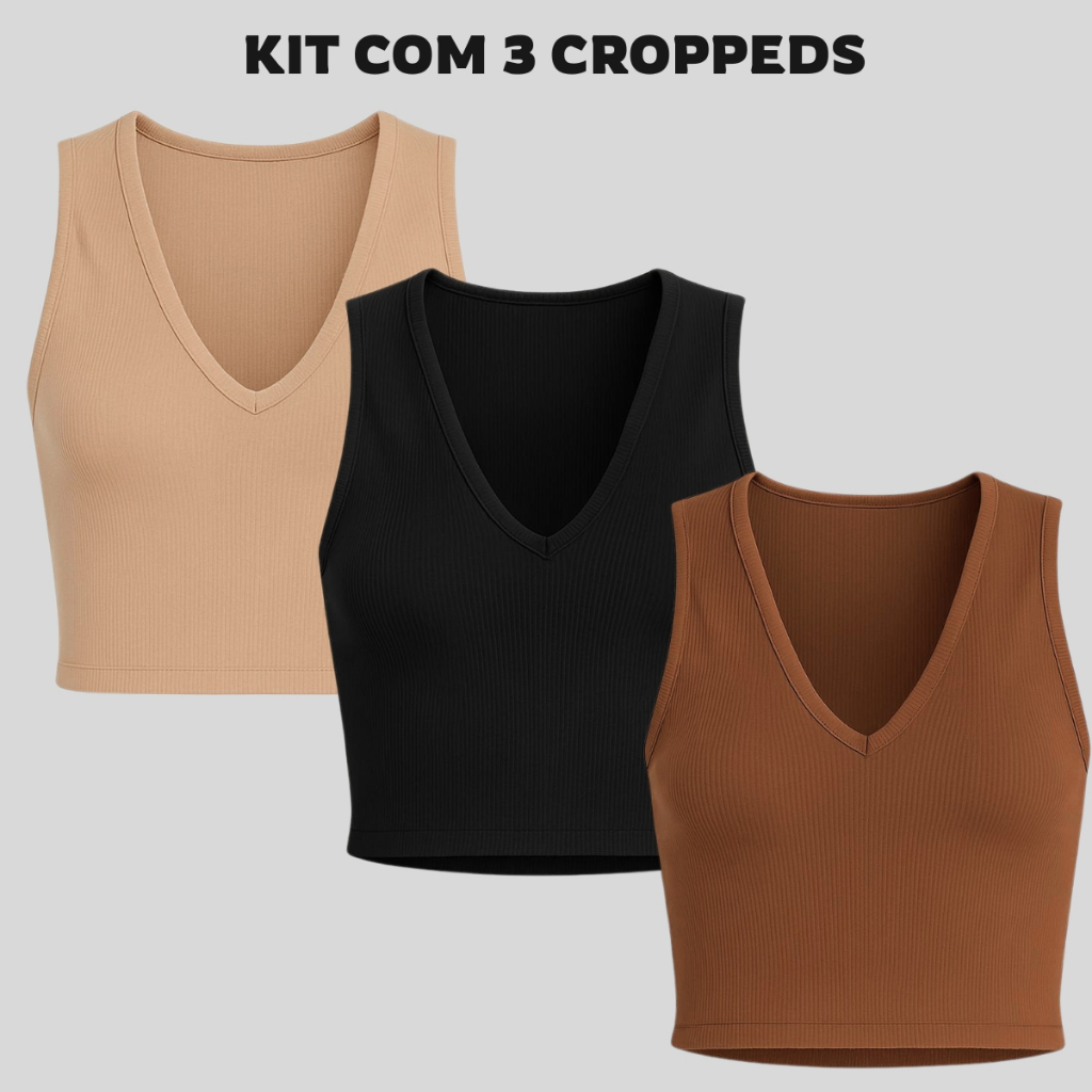 Cropped Kit 3 peças Regata Decotado Canelado Feminino