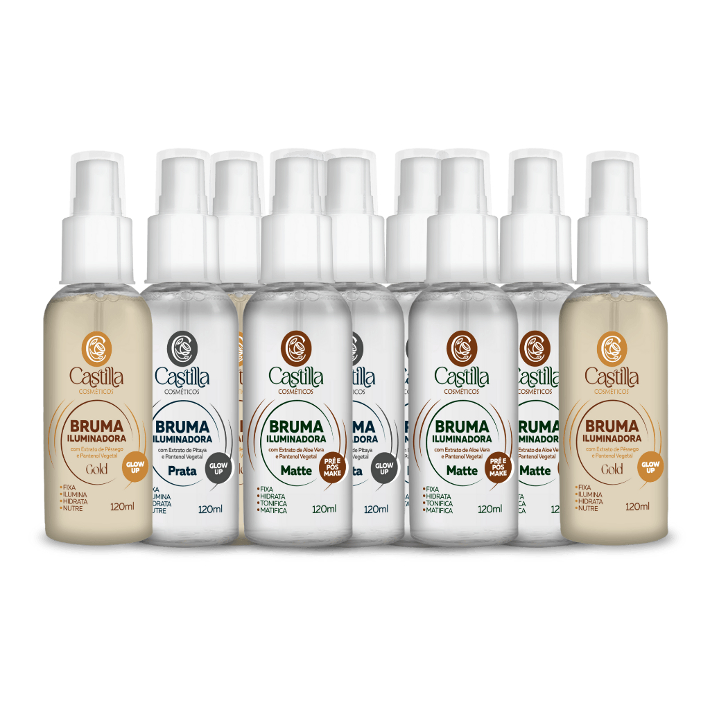 Kit 10 Brumas Castilla Iluminadoras 120mL | Matte, Gold ou Prata | Alta Fixação e Hidratação em Oferta na Shopee